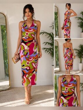 Pucci Inspired Retro Mod Dress NWT David Meister IMN Ruched Asymmetrical Size 4